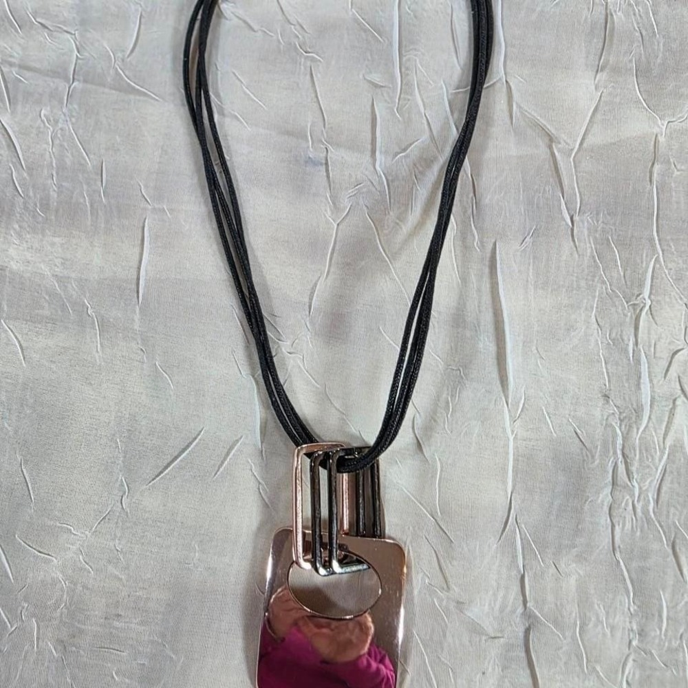 Modern Geometric Mixed Metal Statement Necklace Black Cord Copper Rose Gold Y2K